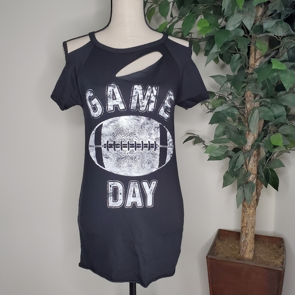 New! Black Distressed Football Game Day Top - Picture 2 of 4
